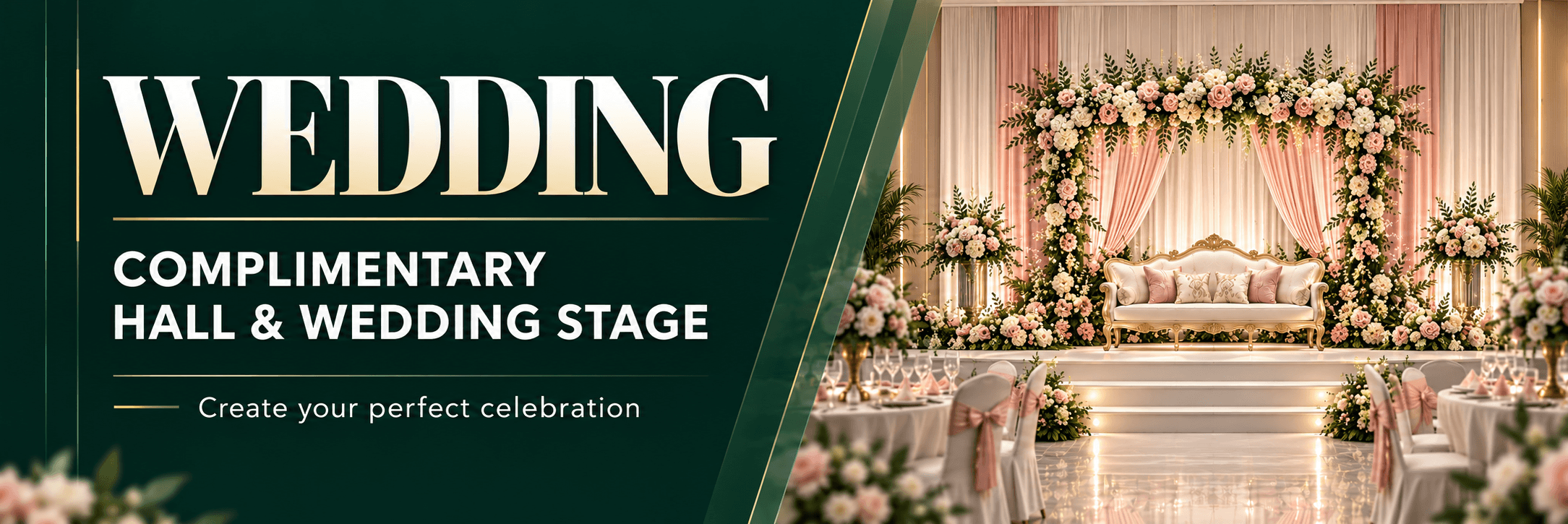 Wedding offer: complimentary hall and wedding stage.