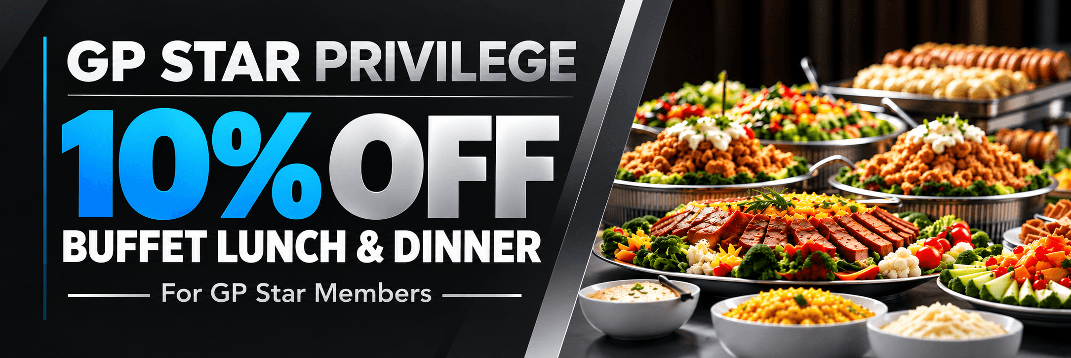 GP Star promotional banner advertising 10% off buffet lunch and dinner. See offer details for current terms.